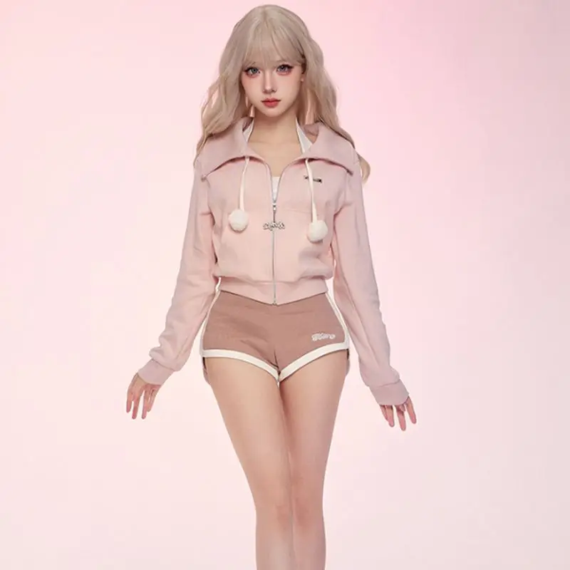 Girl Korean Fashion 2 Piece Pink Lapel Long Sleeves And Short Jacket Set Sweatshirt +Shorts Women Running Autumn Sports Suits