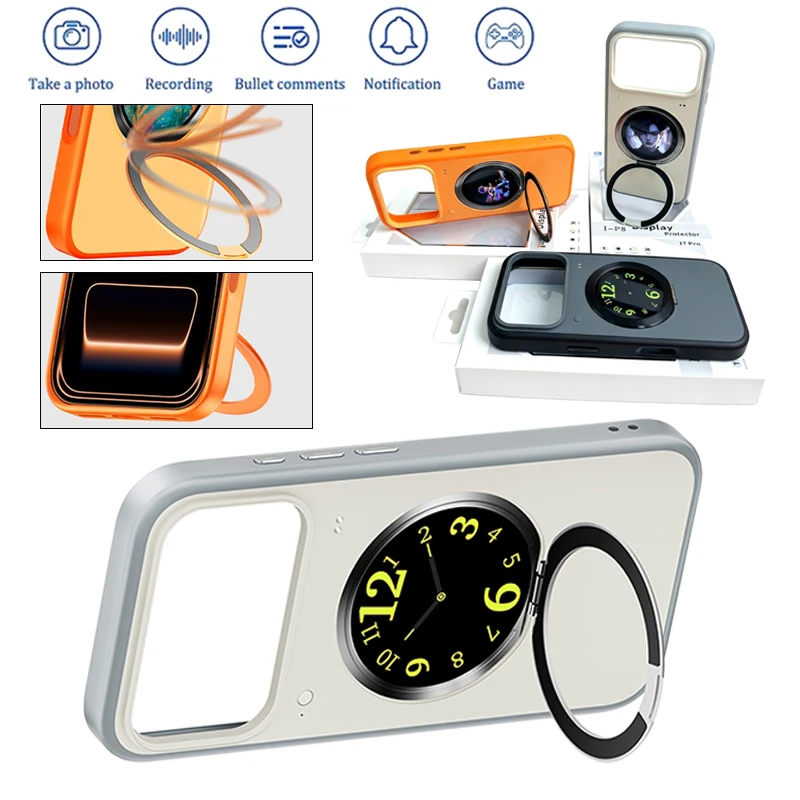 Smartphone Case with 1.52-inch Round Screen & Magnetic Stand Bullet Screen Information Notification Phone Protective Cover