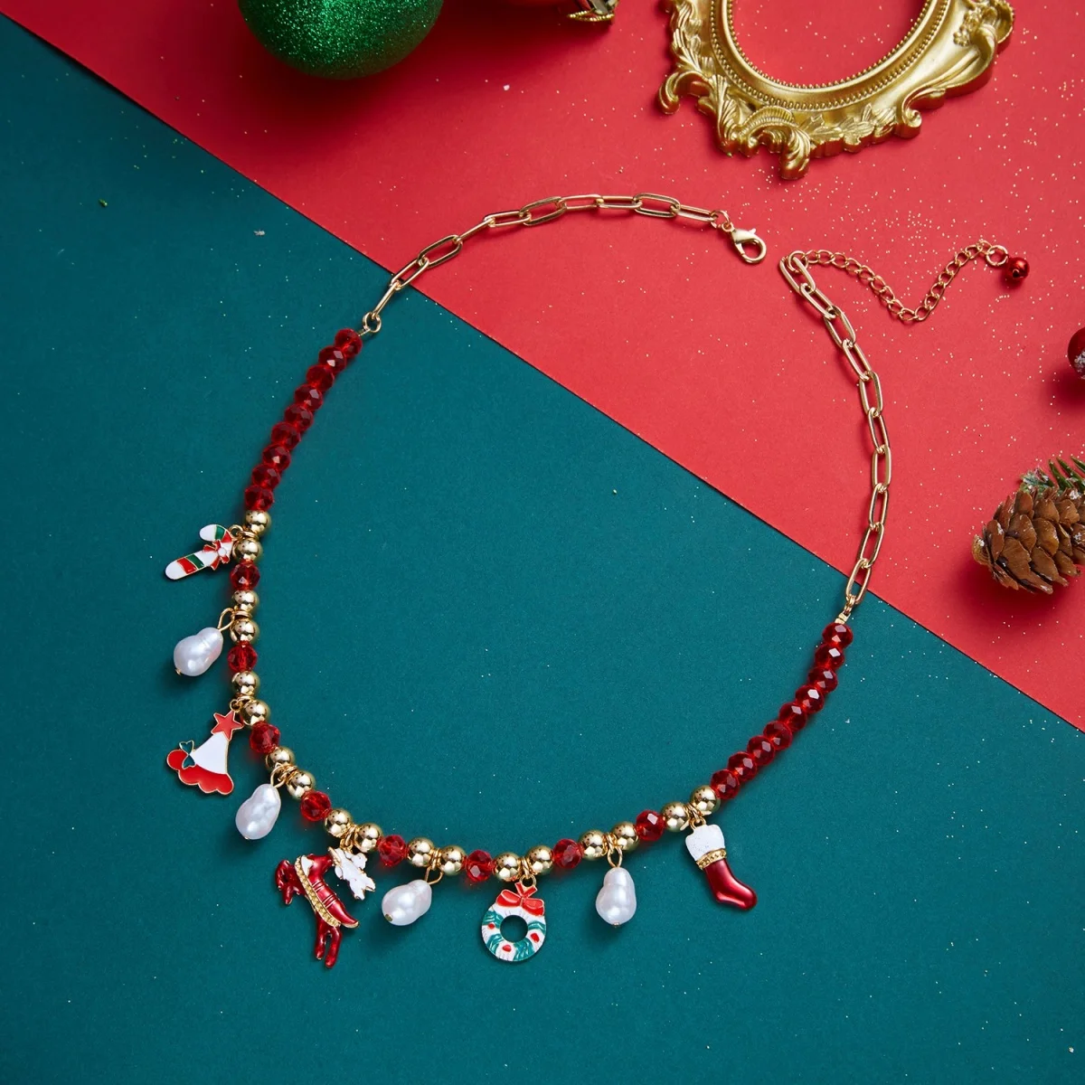 Weihnachtsbaum, Schneemann, Weihnachtsmann, Kranz, rote Kristall-Halskette für Damen und Herren, Weihnachten, Schneeflocken, Glocken, Hirsch, Halsband, Neujahrsschmuck – Detail 30