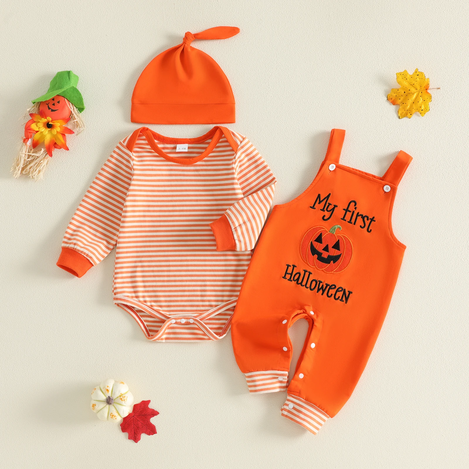 Baby Boy Halloween Outfit Long Sleeve Romper Pumpkin Overalls & Hat 3Pcs Cute Boys Halloween Costume Set