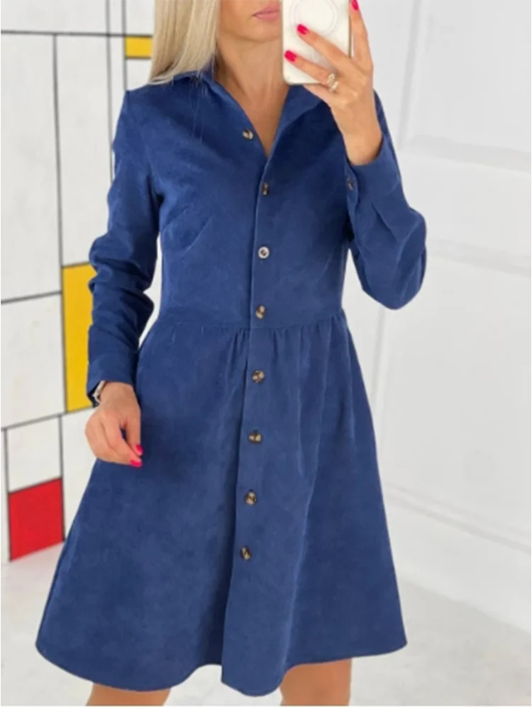 Button Lapel Long Sleeved Solid Color Dress Women's Loose Shirts Dresses Casual Elegant Style Autumn Dresses