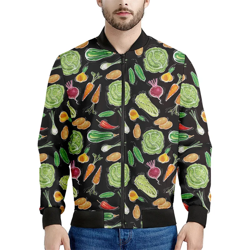 Colorful Fruits Vegetables Graphic Zipper Jacket For Men 3d Printed Vegan Sweatshirt Tops Long Sleeves Street Bomber Jackets