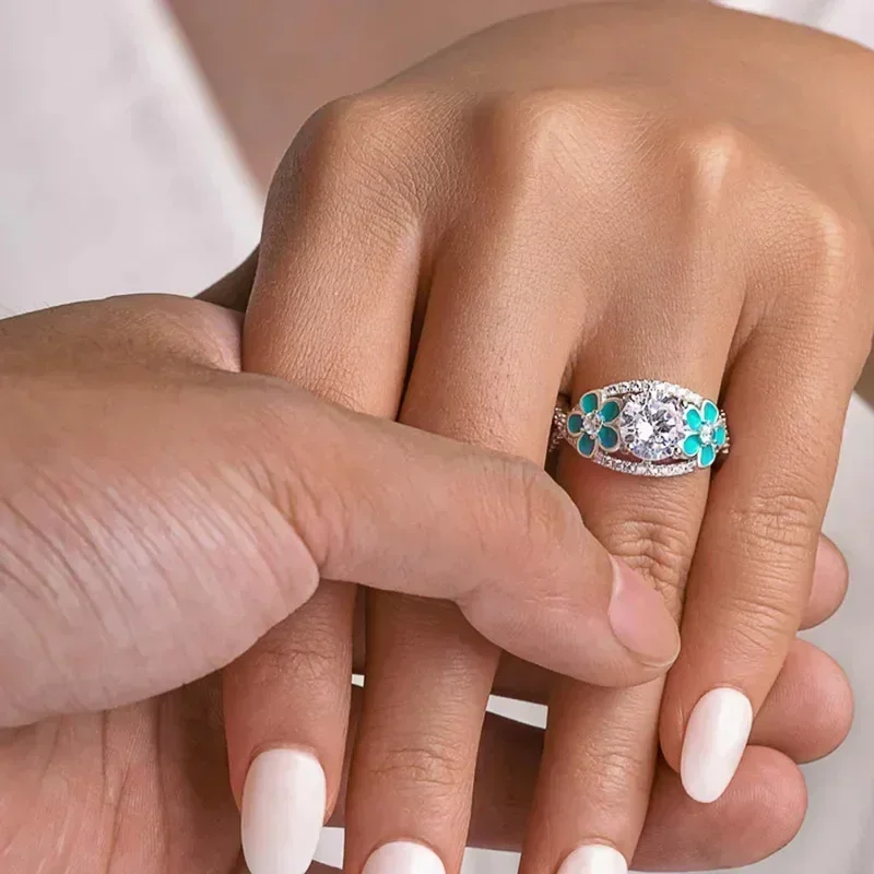 Luxury Micro Inlaid Zircon Blue Flower Small Fresh Light Luxury Ring High End Personalized Fashion Shining Jewelry Accessories