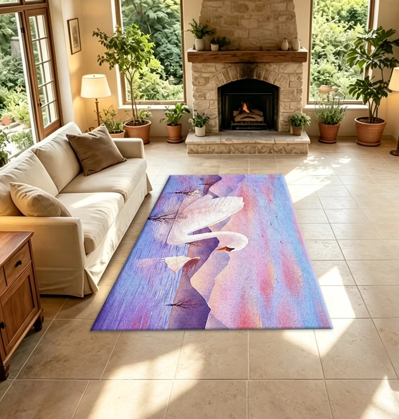 Watercolor Painting of Swan Lake Scenery Carpet, Dreamy Mountain Scenery Sunset Fantasy Non-Slip Floor Carpet, Suitable for Bedroom Aesthetics and Home Decoration
