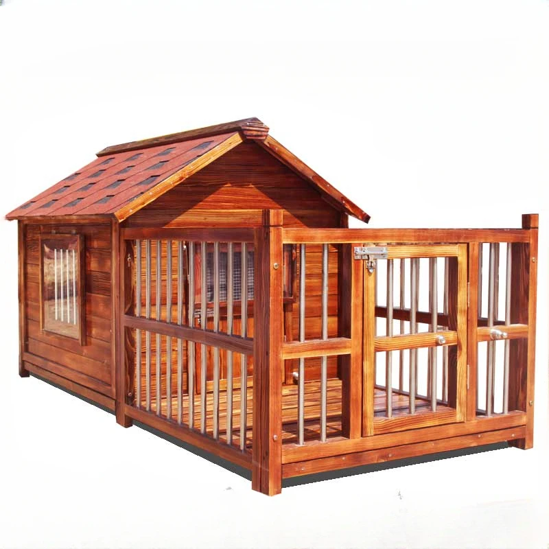 Outdoor waterproof solid wood dog house with large golden fur dog house, rainproof, warm in winter