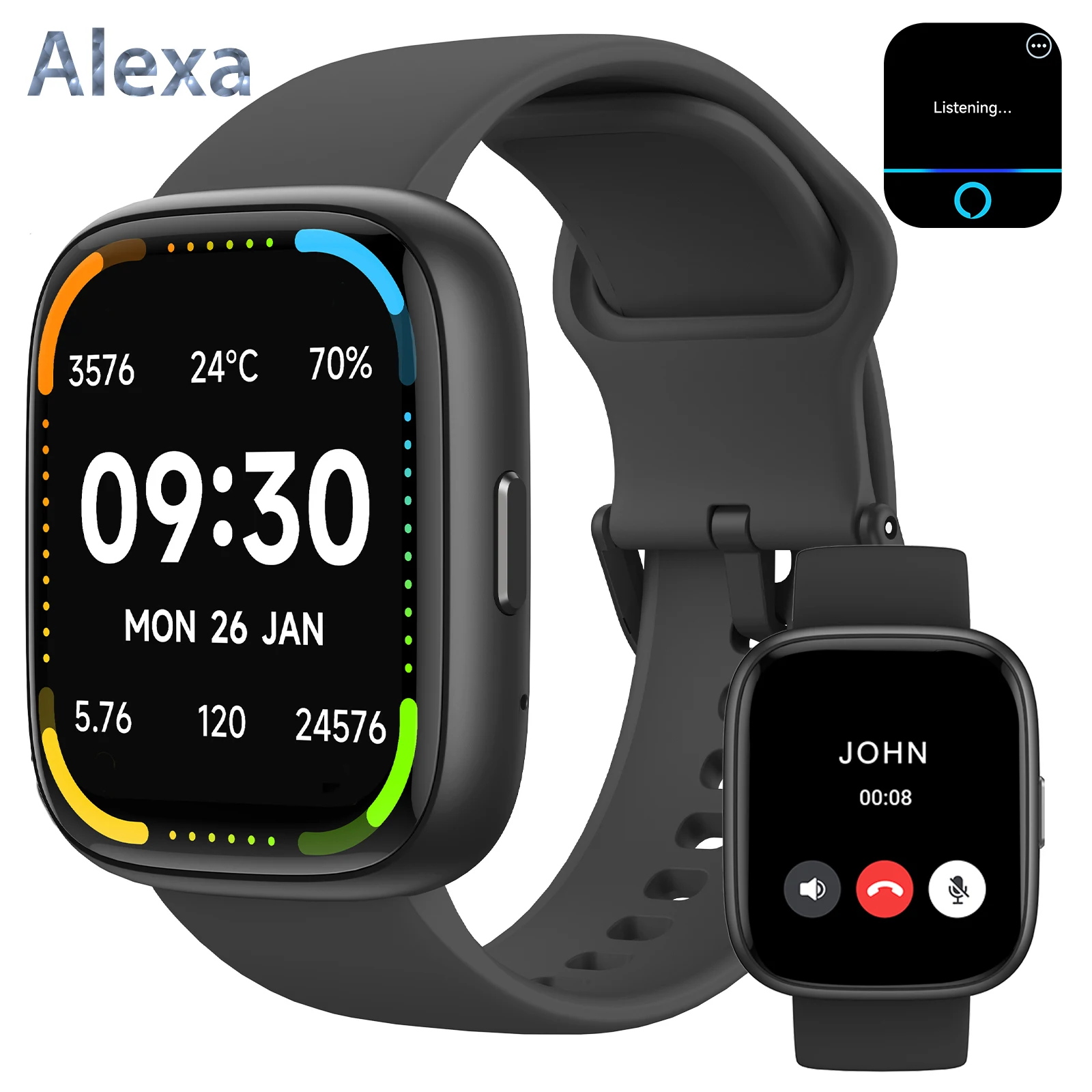 Alexa Smart watch, wireless calling /dial,  calling reminder and rejection, SMS reminder, Custom Wallpaper,for iPhone/Andriod