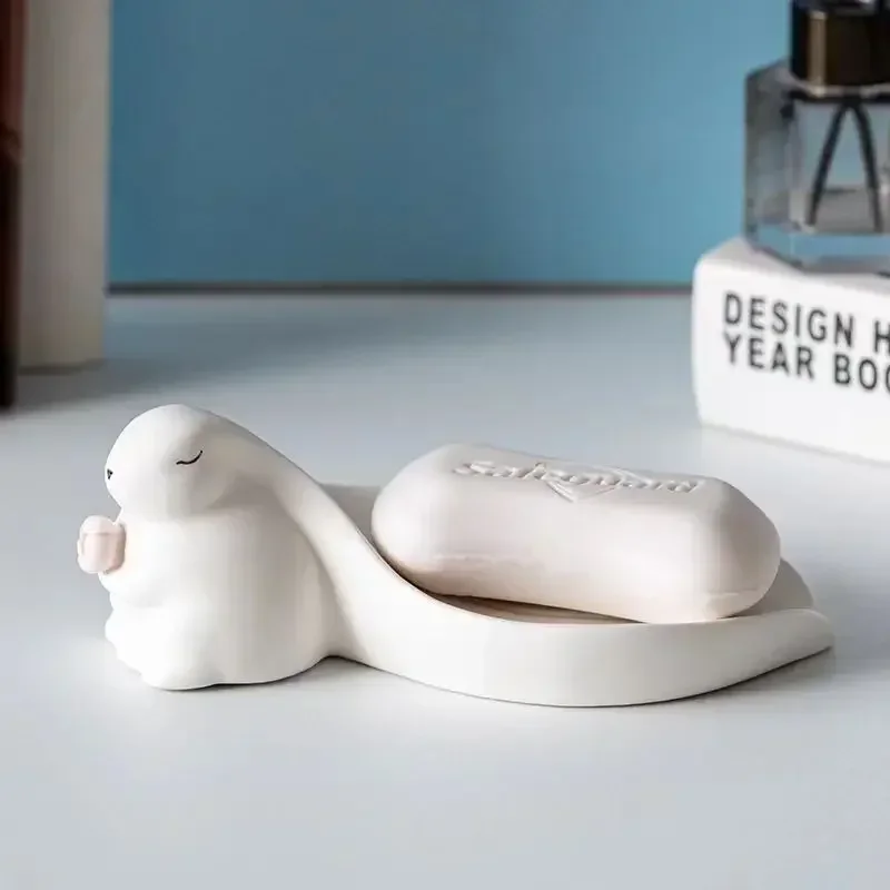 New Cute Rabbit Ceramic Soap Box Decorative Bathroom Drainage Soap Dish Storage Wash Desk Decor Home Accessories Christmas Gifts