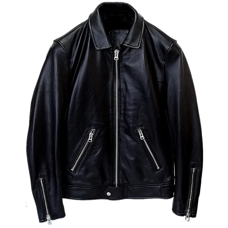 

Men's Leather Jacket Cowhide Black Short Slim Motorcycle Coat Windproof Warm Classic Retro Clothes for Male