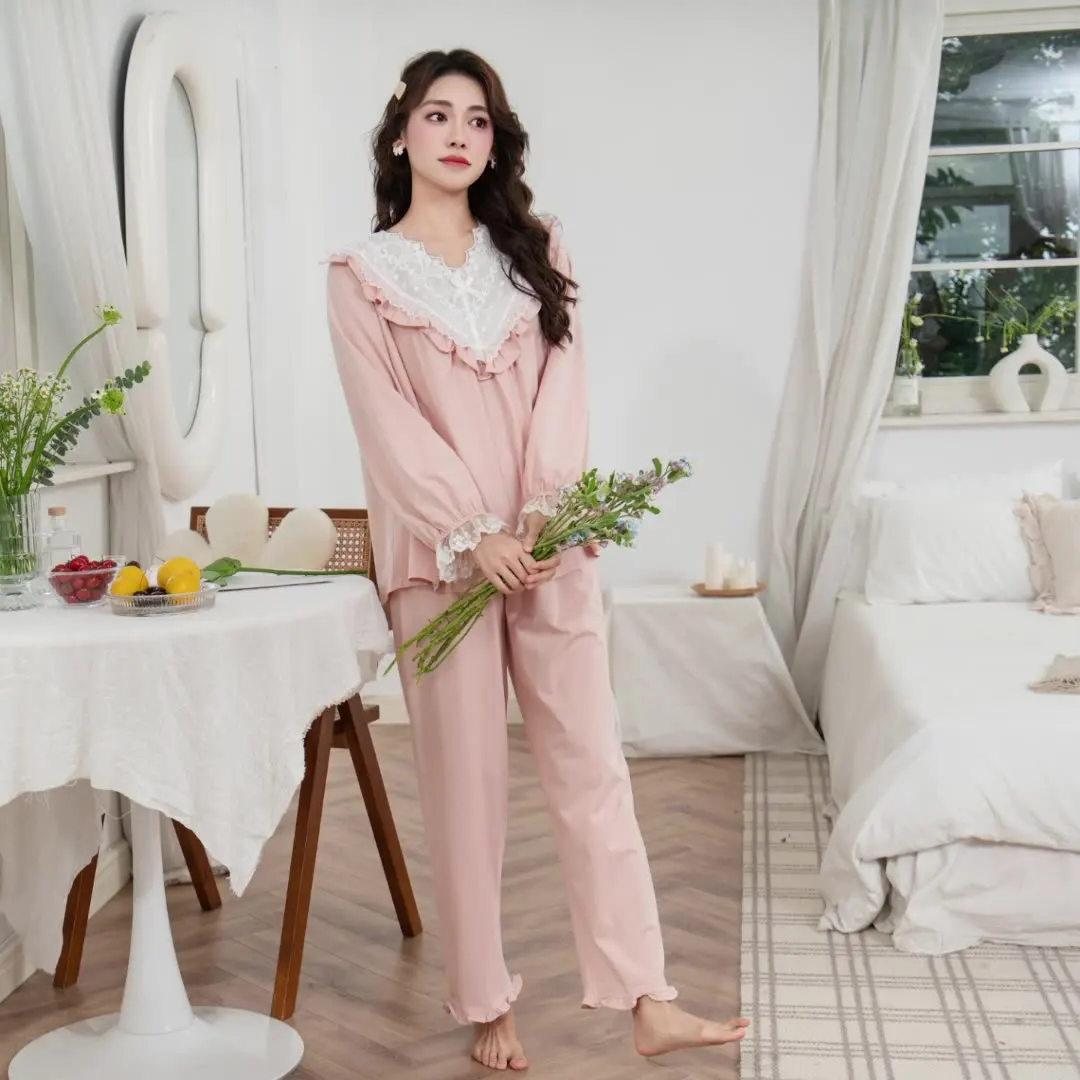 Korean Autumn Lace Elegant Pure Color Cotton 2022 Pajamas Women Cotton Sweet Palace Style Pajamas Set Home Clothes