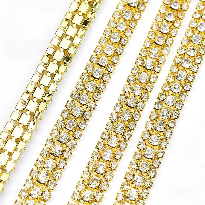 Bling 3Rows Sliver Base Colorful Sew On Rhinestone Cup Chain Gold Silver Base With Claw Dress Decoration Trim Applique