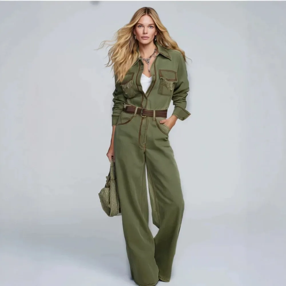 Retro Olive Green Jumpsuit for Women Polyester Western Style Casual Long Pants