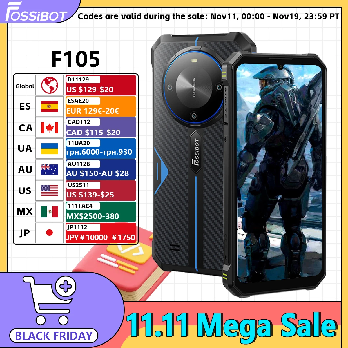 FOSSiBOT F105 Rugged Smartphone Android 14 12GB+64GB Mobile Phone 6.745'' HD+ IPS Display 20MP Camera 10300mAh Cell phone