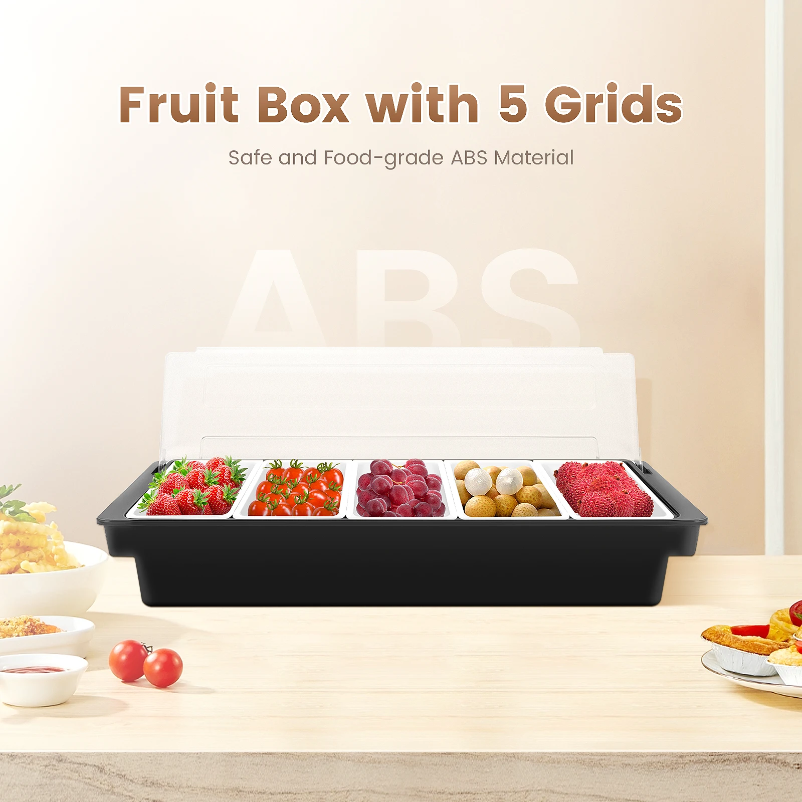 

5 Compartment Condiment Dispenser Food Grade ABS Fruit Box Fresh-Keeping Portable Snack Container Candy Organizer Fruit Plate