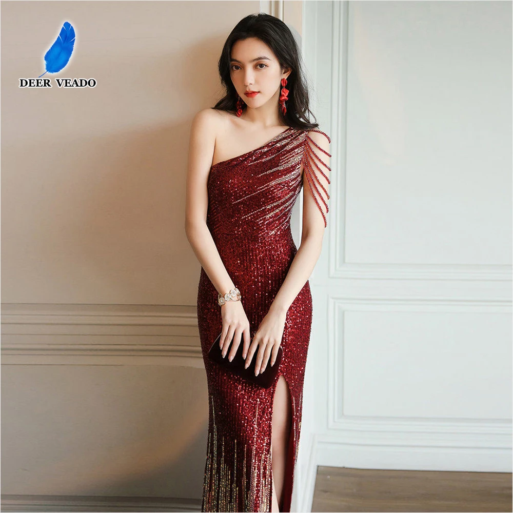

Вечерние платья DEERVEADO, элегантные женские платья-русалка на одно плечо с пайетками, праздничные платья с бисером, длинные выпускные платья