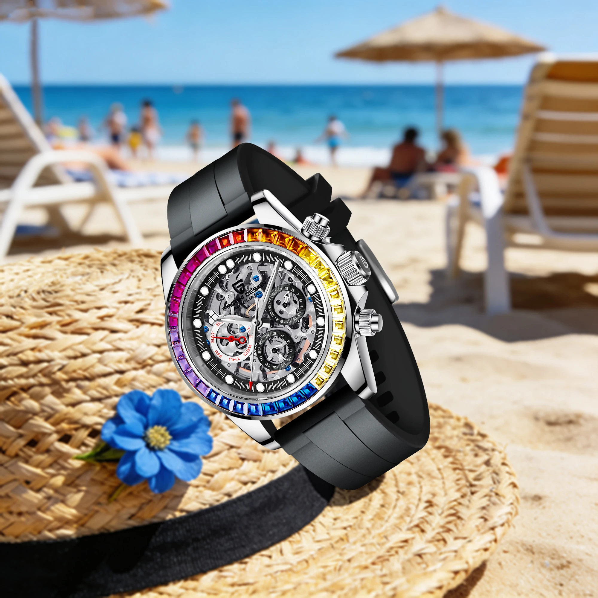 PAGANI DESIGN Men's Automatic Mechanical Watch Avant-Garde Trendy Cool Eye-Catching Rubber Strap Small Three-Pin Calendar Watch