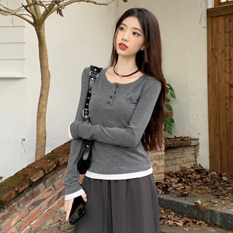 T-shirts Women Fake 2 Pcs Spring Autumn Slim Tops Long Sleeve Korean Retro Female Stylish All-match Young Style Basic Clothes