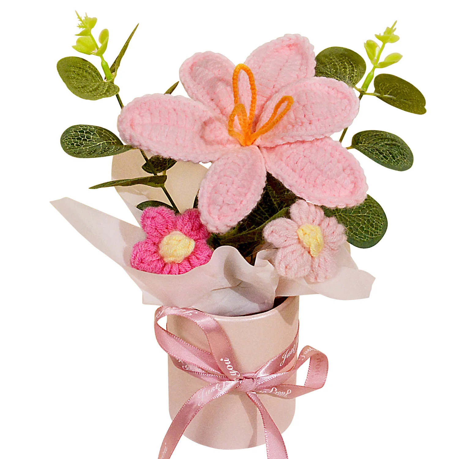 1 قطعة باقات زهرة الكروشيه اليدوية ، الكروشيه محبوك النسيج الوردي توليب باقة للديكور المنزل وهدية للمرأة زوجة أمي