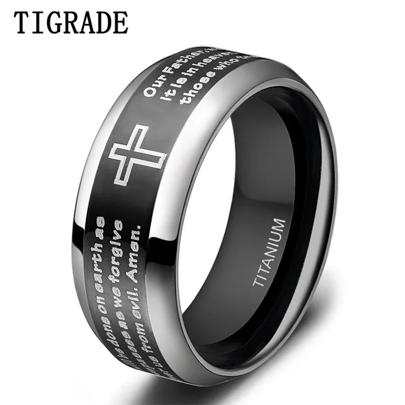 Tigrade Black Ring for Man Woman Titanium Bible Verse Cross Jesus Ring 8mm Wide English Unisex Christian Ring Religious Size5-15