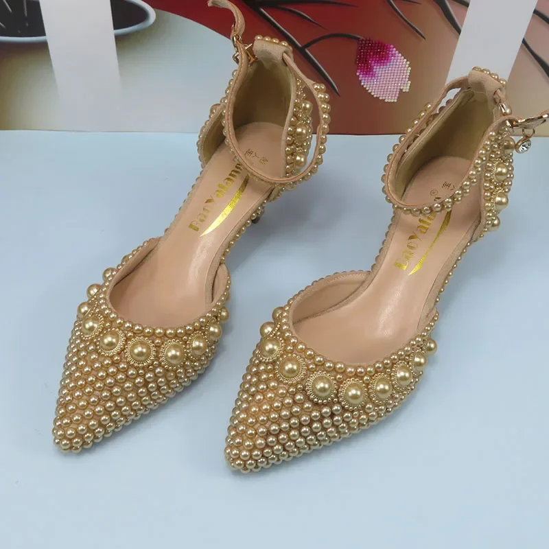 New Fashion Champagne Pearl wedding Bridal shoes Thin heel party dress shoe Pointed Toe High Handmade Ankle Strap shoe and bag