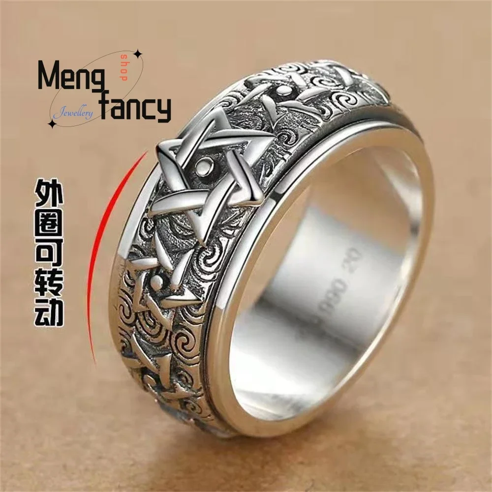 Turnable Ring For Men Pure Retro Overbearing Six Star Wide Version Of Thai Index Finger Closed ring Luxury Quality Fine Jewelry