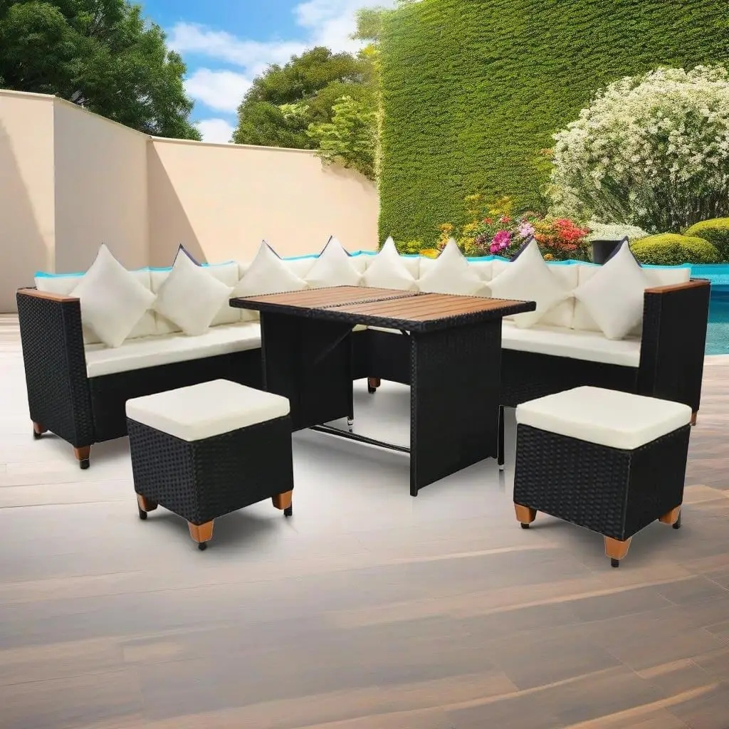 7-Piece Black Poly Rattan Patio Lounge Set with Cushions - Outdoor Furniture for Garden & Terrace