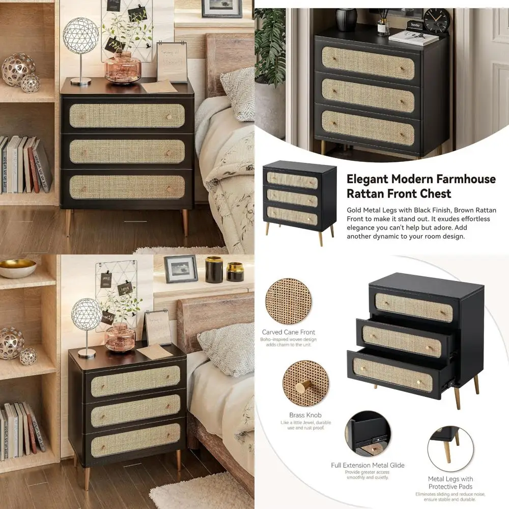 Modern Farmhouse 3-Drawer Black Wicker Rattan Chest with Wooden Storage Cabinet and Accent Table