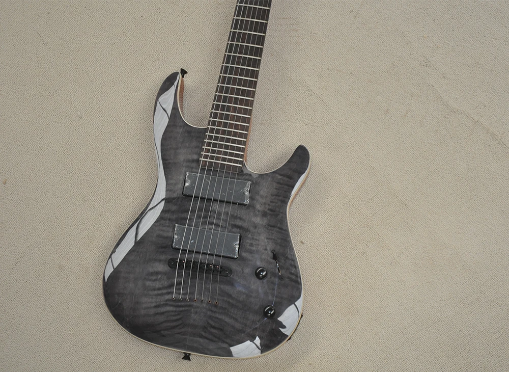 7 Strings Golss Black Electric Guitar with 24 Frets,Rosewood Fretboard,Flame Maple Veneer,Customizable