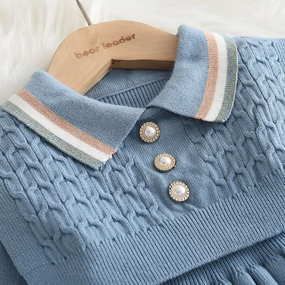 Bear Leader Autumn Winter Girls Sweater Long Sleeve Dress Vest Stripe Party Girl Baby Retro Knitted Wool Dress Casual Vestidos