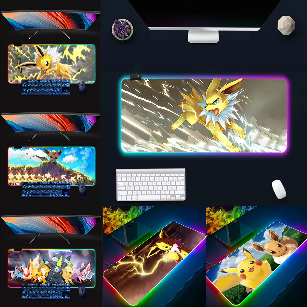 p-Pokemon E-Eevee RGB Pc Gamer Keyboard Mouse Pad Mousepad LED Glowing Mouse Mats Rubber Gaming Computer Mausepad