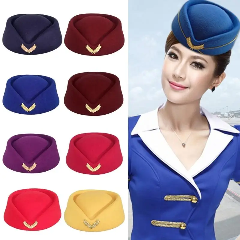 

Solid Color Female Flight Attendant Hat Sweet Business Uniform Live Show Women Beret Caps Hats Air Hostess Cosplay