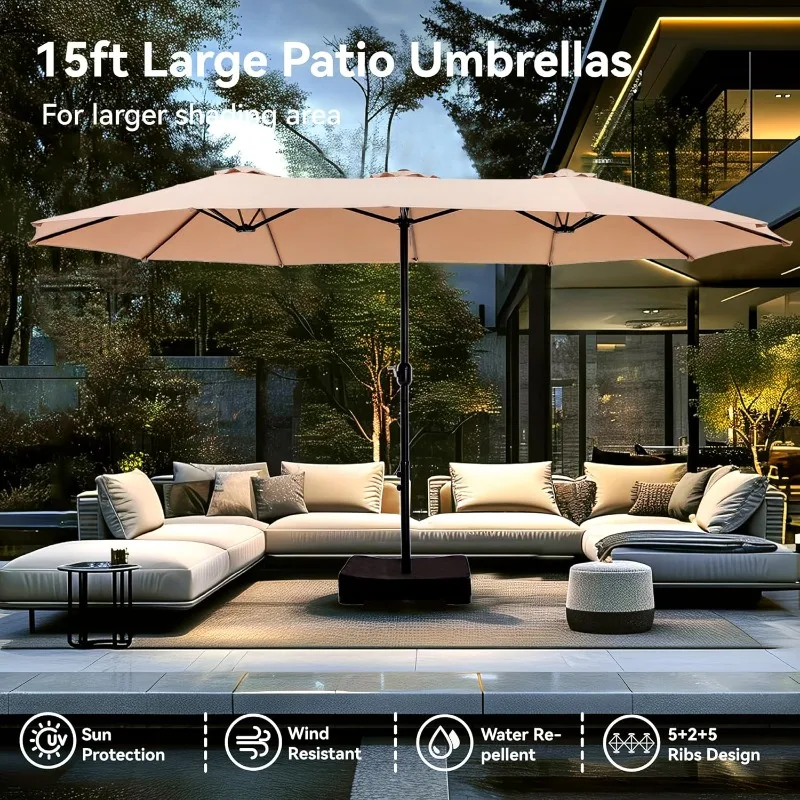 15ft Large Patio Umbrellas with Base Included, Outdoor Double-Sided Rectangle Market Umbrella with Stand, Outside Umbr
