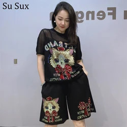 Cartoon Sequins Knitted Hollow Out Short Pants Sets Women 2024 Casual O Neck Short Sleeve T-shirt 2 Pieces Matching Sets Street