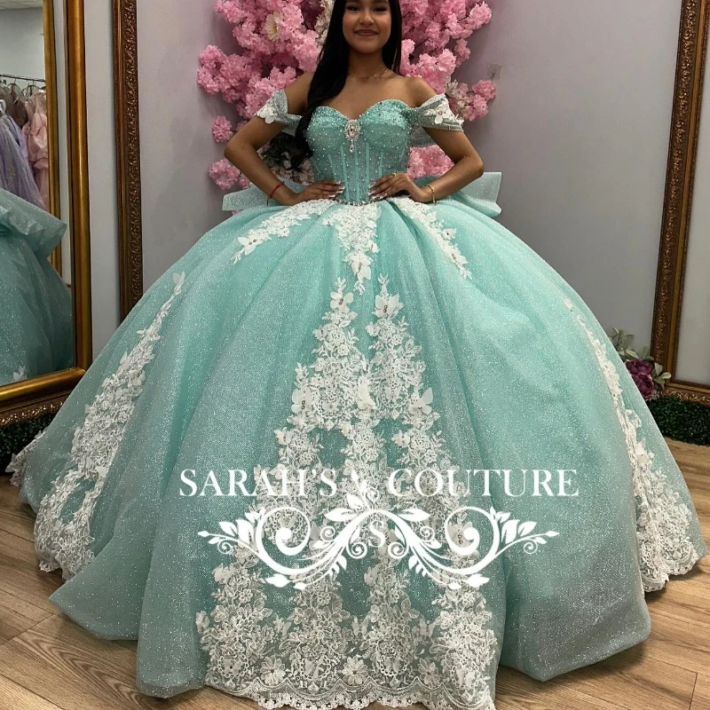 

Luxury Mint Green Shiny Quinceanera Dress Off Shoulder Applique Lace Beads Crystal Tull Vestidos 15 De XV Años XV Brithday Sweet