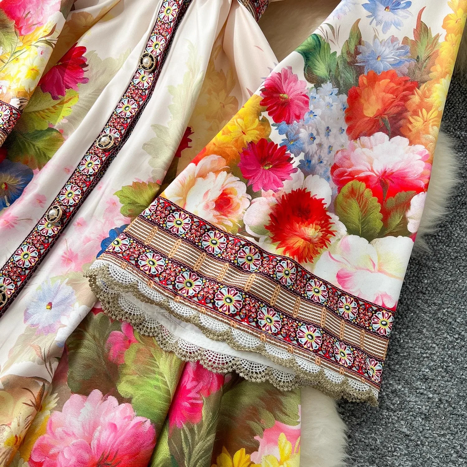 Férias de verão flor robe vestido feminino renda emenda manga longa alargamento único breasted cinto floral impressão maxi vestidos roupas