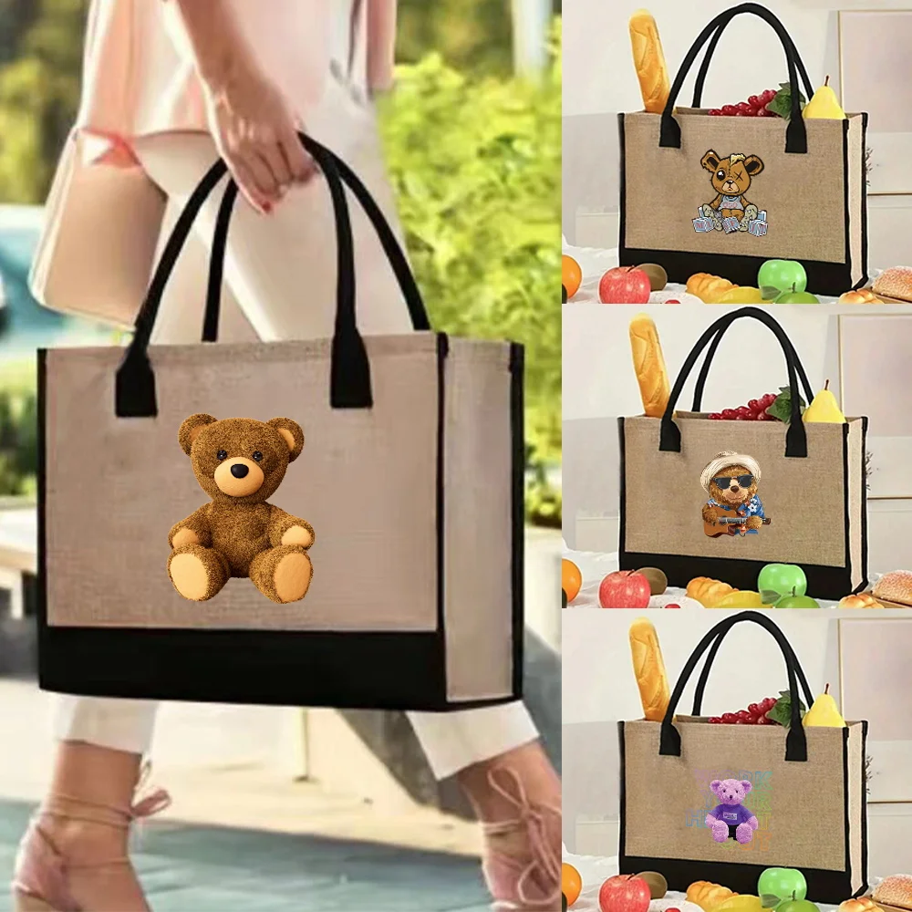 Tote Bag Vintage Jute Shopping Bags Linen Tote Shopper Purses Summer Beach Handbags Portable Eco High Capacity Bear Pattern