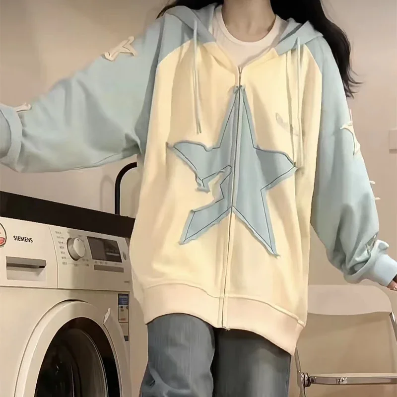 Harajuku Loose Sweatshirt Women Japanese Star Embroidery Streetwear Zipper Hoodies Jackets  Vintage Y2k Fashion Cardigan