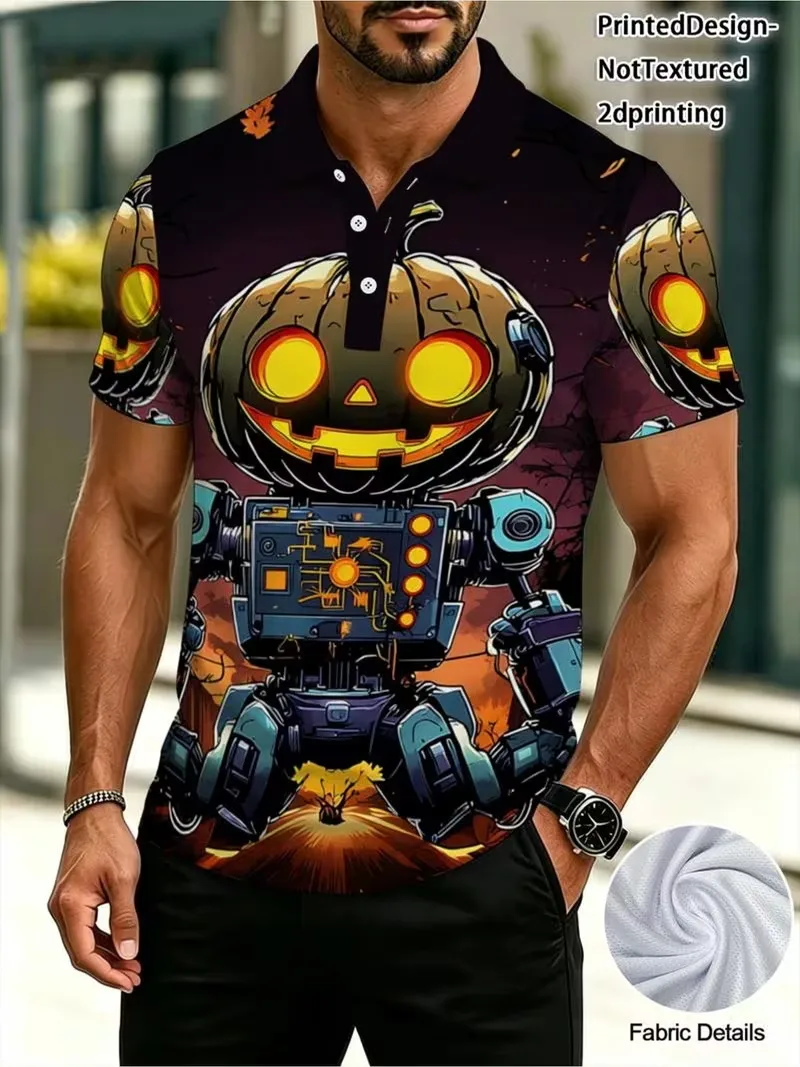Halloween Pumpkin Robot Graphic Polo Shirt for men Short Sleeve Breathable Polo Shirts Casual Festival Party tshirt Tops