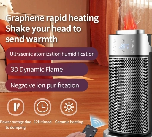 New Space Heater Warm Air Blower 3D Flame Effect Portable Ceramic Heater with Humidifier Warm Air Fan for Bedroom Living Room
