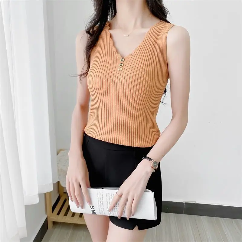 Ice Silk Small Sleeveless Vest for Women Wearing Outside Summer Loose Korean Short V-neck Knitted Bottoming Shirt Top