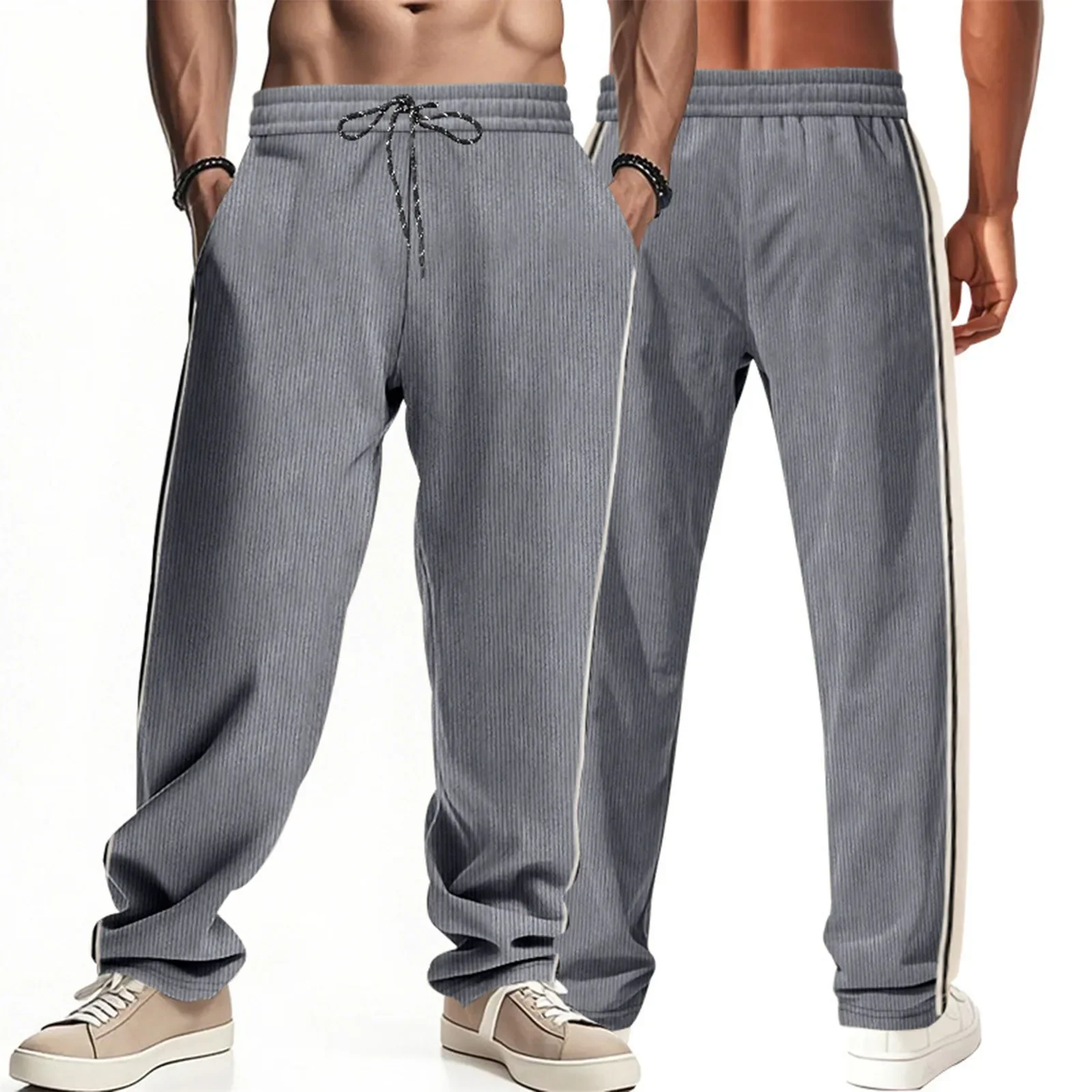 

Autumn Corduroy Straight Long Pants Men Drawstring Elastic Waist Sports Sweatpants Color Blocking Side Stripe Casual Trousers