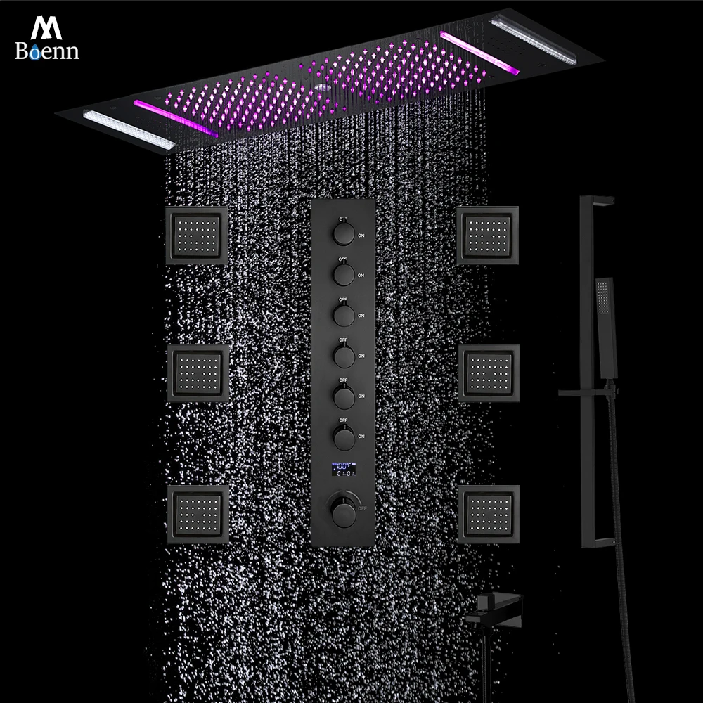 M Boenn Matte Black Rainfall Shower System Set Bar Emotional Appeal Music LED Shower Head Bathroom Faucet Hot Cold Diverter Tap