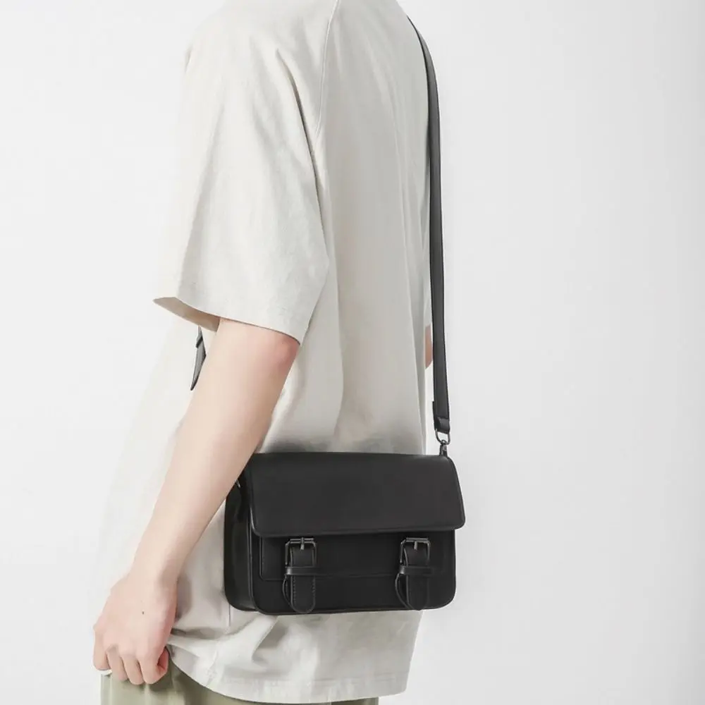 Minimalist PU Leather Shoulder Bag Square with Adjustable Strap Male Crossbody Bag Phone Bag Black Men's Small Messenger Bag