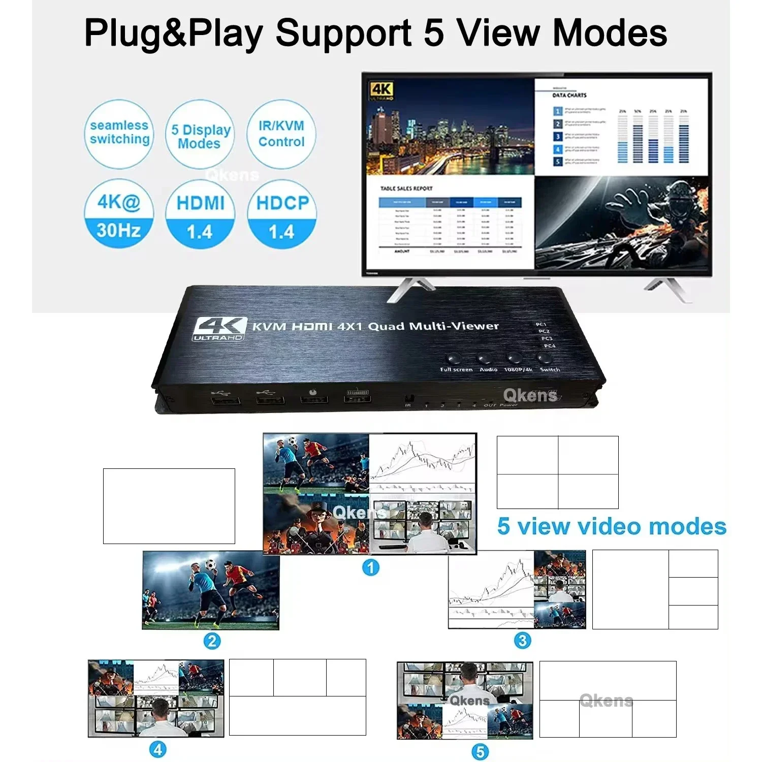 HDMI متعددة المشاهد 4x1 KVM رباعية المشاهد ، دعم التبديل السلس ، مشاركة الكمبيوتر المحمول ، الماوس ولوحة المفاتيح ، ع p ، 4K