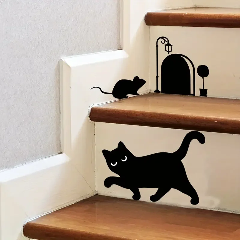 1pc Black Cat And Mouse Hole Wall Decal, PVC Stickers, Contemporary Style, Bedroom Living Room Entrance Home Baseboard Decor, Pl
