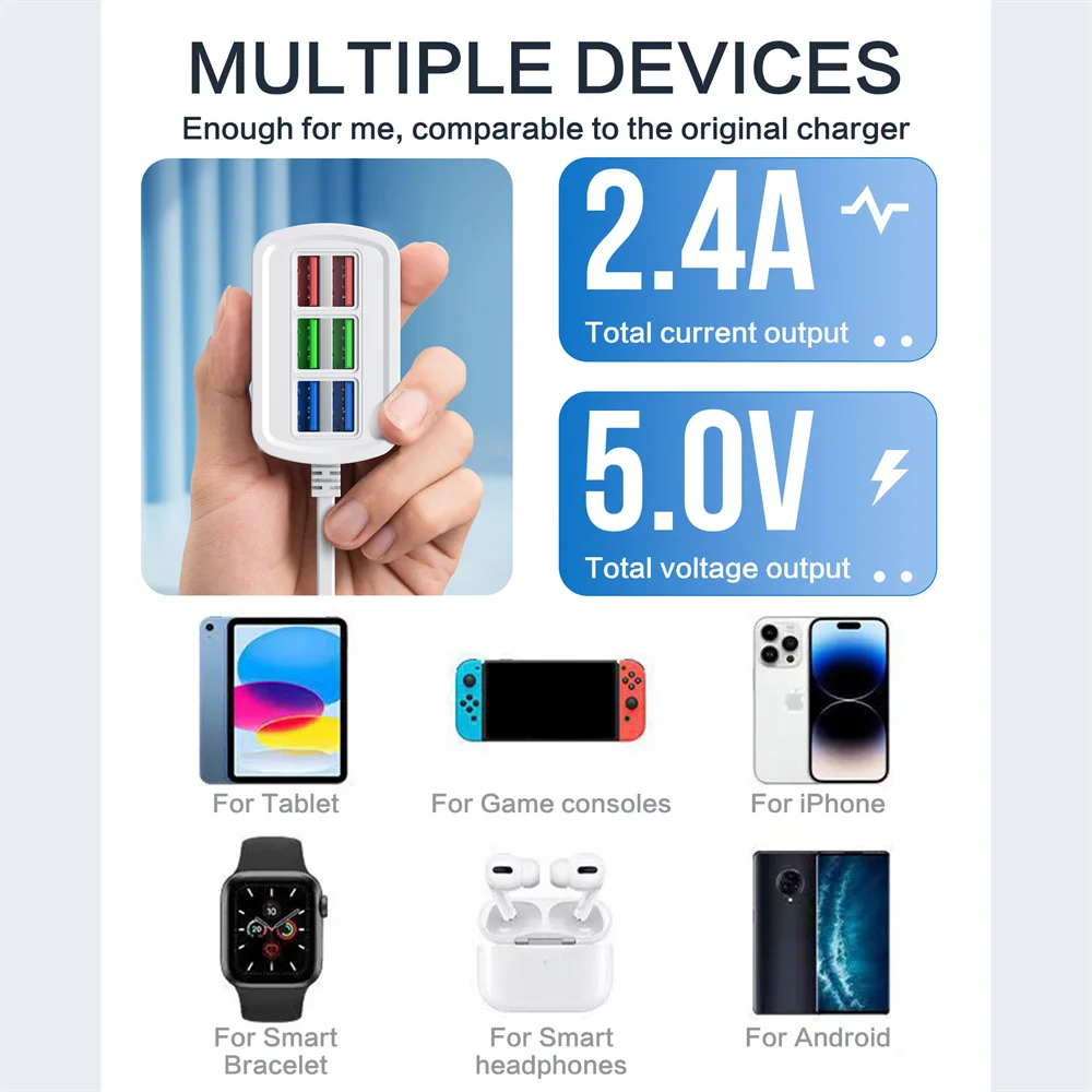

EU US Plug 6 Ports USB Charger Strip Desktop Charging Station Fast Charging For IPhone15 16 Smart Headphone IPad Socket Splitter