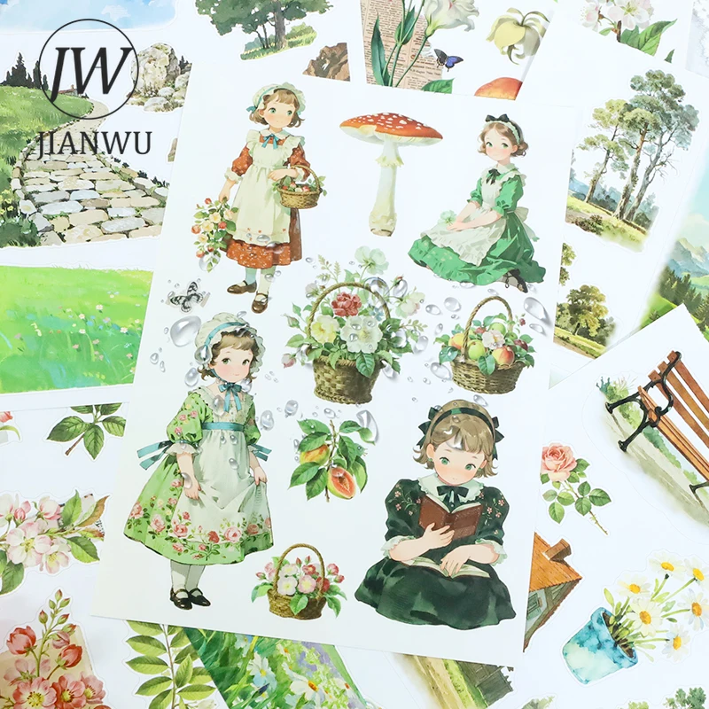 

JIANWU 20 Sheets/book Vintage Plant Flower Character Landscape Material Collage Sticker Book Creative DIY Journal Stationery