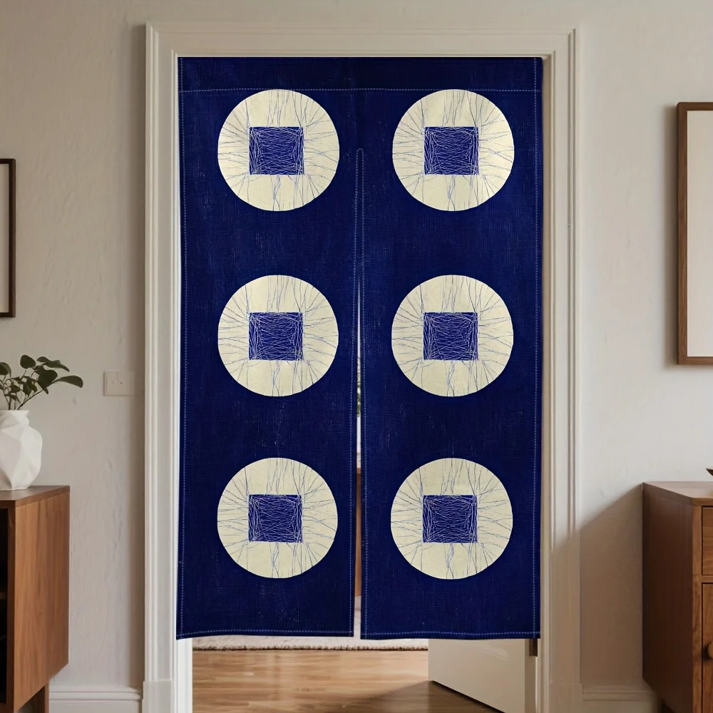 Chic Navy Blue Geometric Pattern Door Curtain Screen Polyester Room Divider Passage Curtain Modern Indoor Wall Decor Home Accent