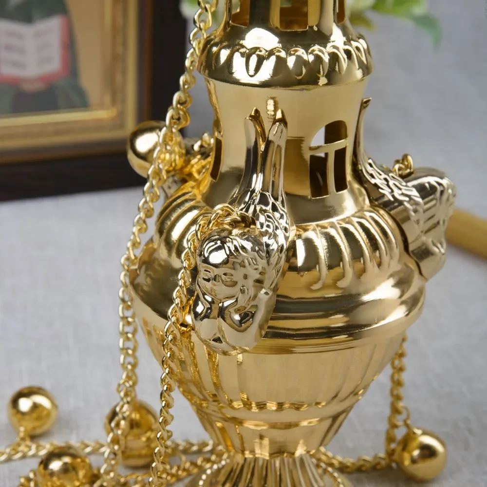 HT Church Censer Gold Plated Hanging Orthodox Incense Burner With Chain and Bell Religion Ritual Sacred Cross православие Кадило