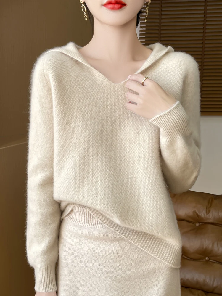 Autumn Winter Women Hooded Pullovers Casual Loose Style Cashmere Sweater 100% Merino Wool Knitwear Thick Soft Warm Clothing