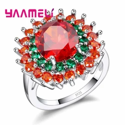 Brand Passionate Style Red Stone Ornament Green Crystal Flower Shape Cubic Zirconia 925 Sterling Silver Ring For Party